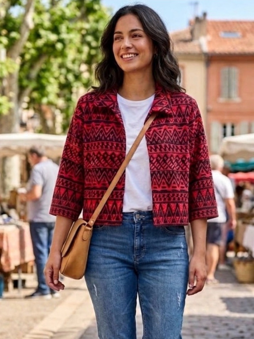 Textured Aztec Print Blazer Jacket Red Black Geometric Western Size 8 Medium